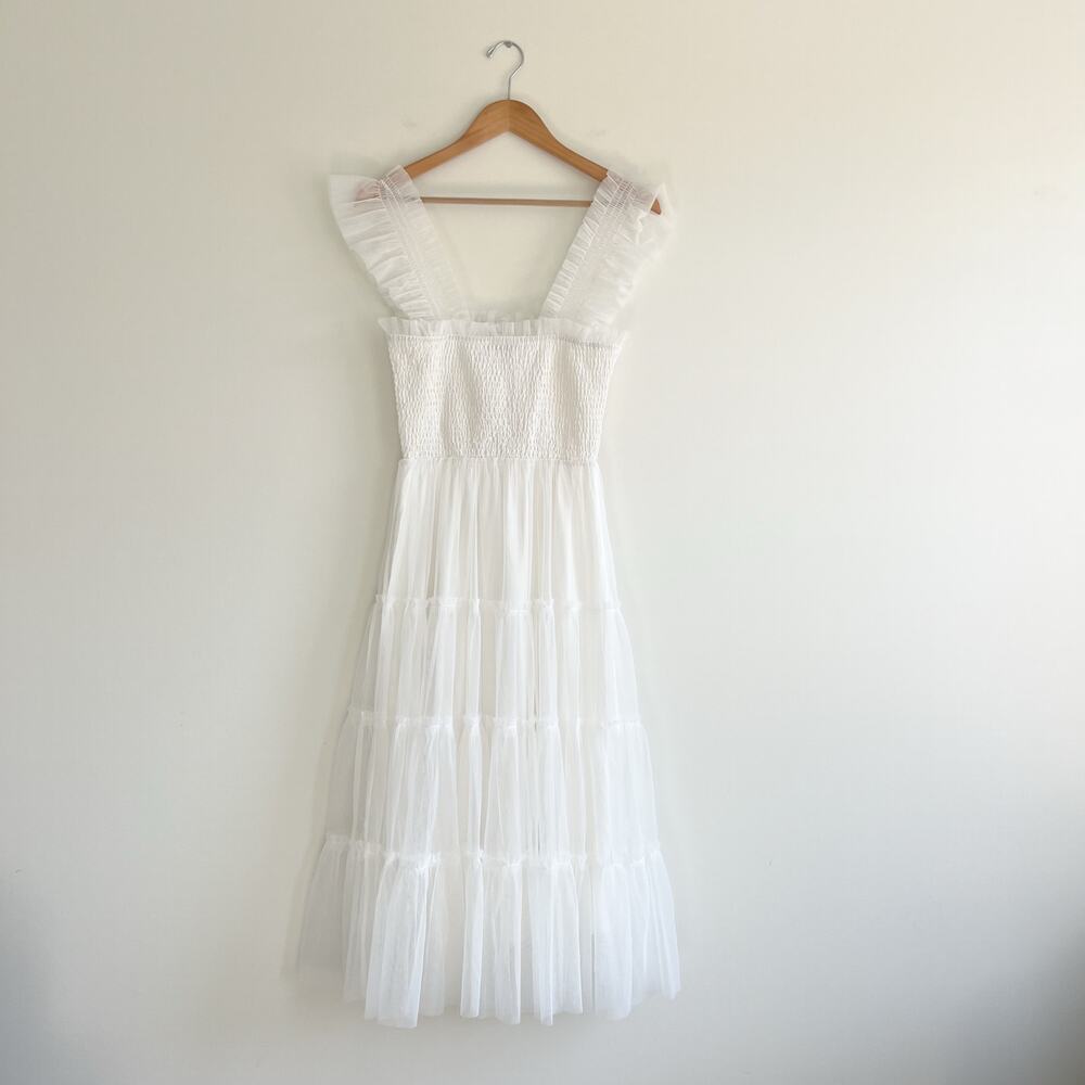 NWT *Baltic Born* Emma Smocked Tulle Tiered Midi Dress | Off White | Size XS - Picture 4 of 9